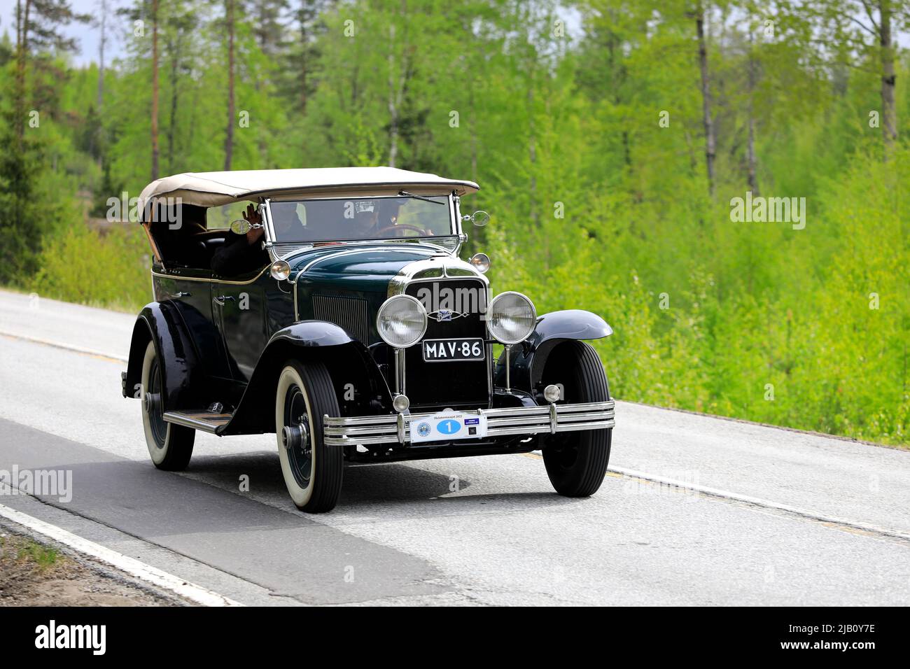 Classic Buick year 1929 on Ascension Day vintage car rally by AHS ry, road 104, Fiskars, Finland. May 26, 2022. Stock Photo