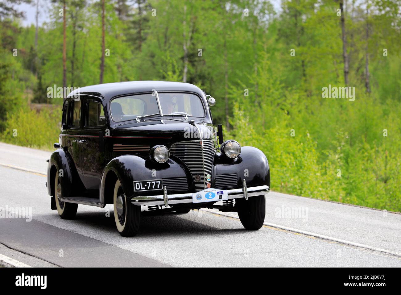 Classic 1930s Chevrolet car on Ascension Day vintage car rally by AHS ry, road 104, Fiskars, Finland. May 26, 2022. Stock Photo