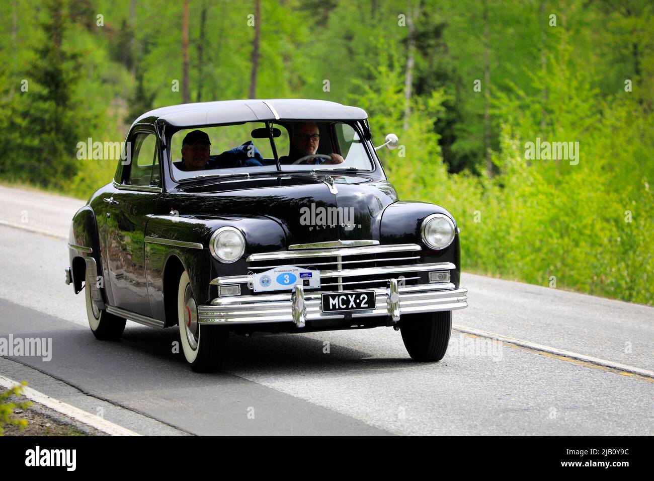 1949 Plymouth P-17 Deluxe Business Coupe on Ascension Day vintage car rally by AHS ry, road 104, Fiskars, Finland. May 26, 2022. Stock Photo