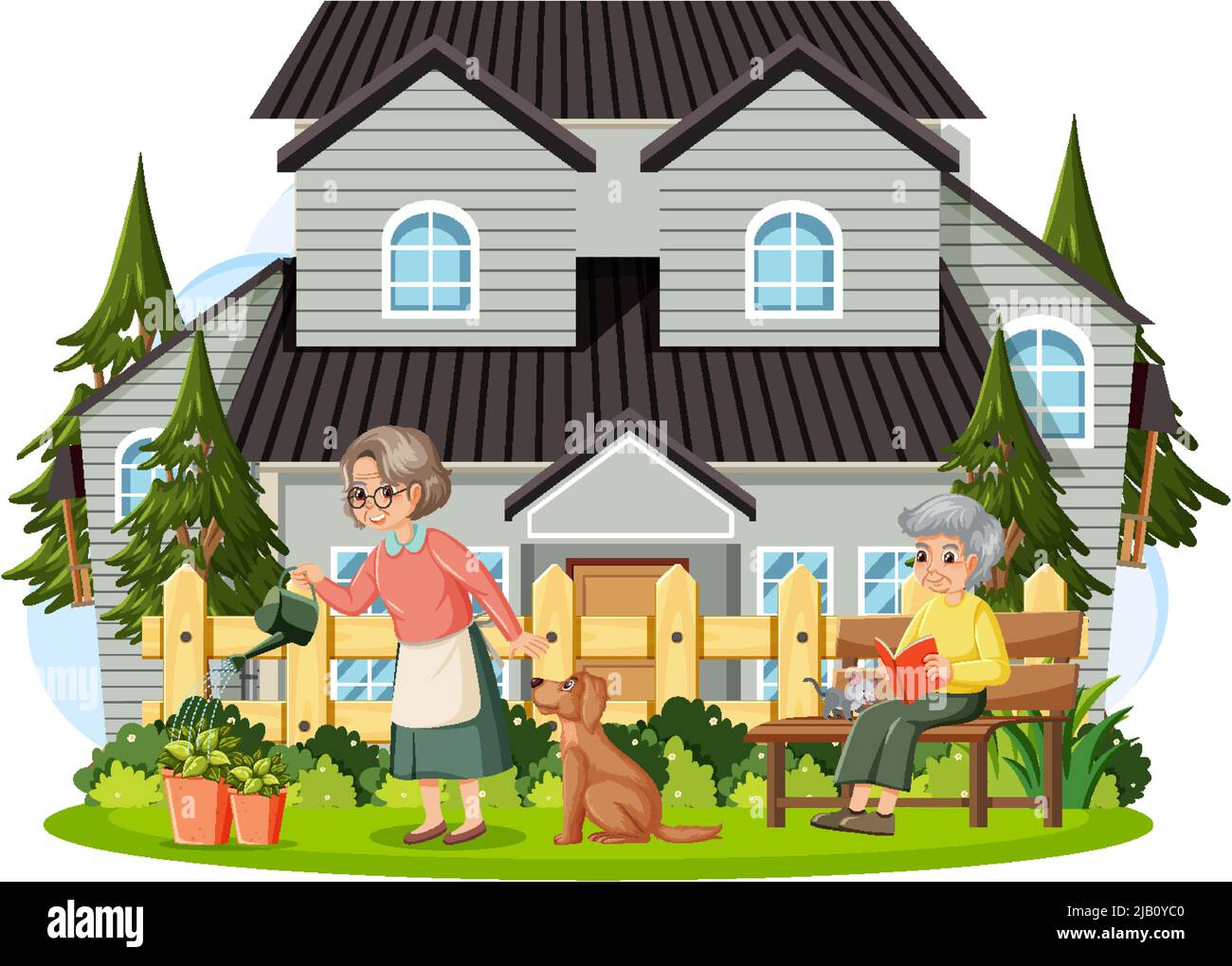 Elderly people in front of house illustration Stock Vector