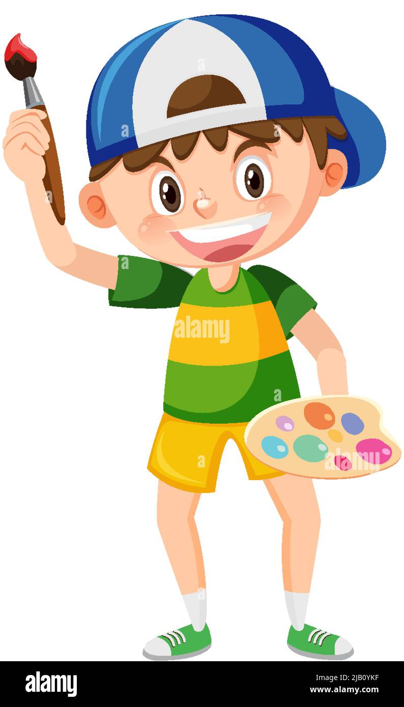 Cute boy holding brush and colour palette illustration Stock Vector ...