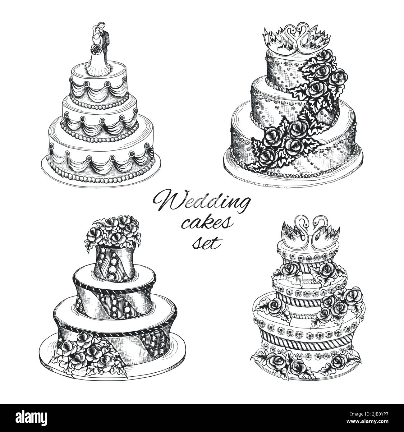 Set of sweet wedding celebration cakes with decoration flower garland swans and couple isolated vector illustration Stock Vector