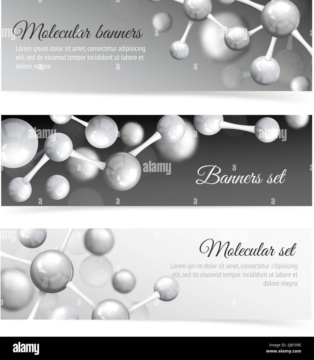 Black and white 3d physics abstract atomic structure molecule model banner set vector illustration Stock Vector