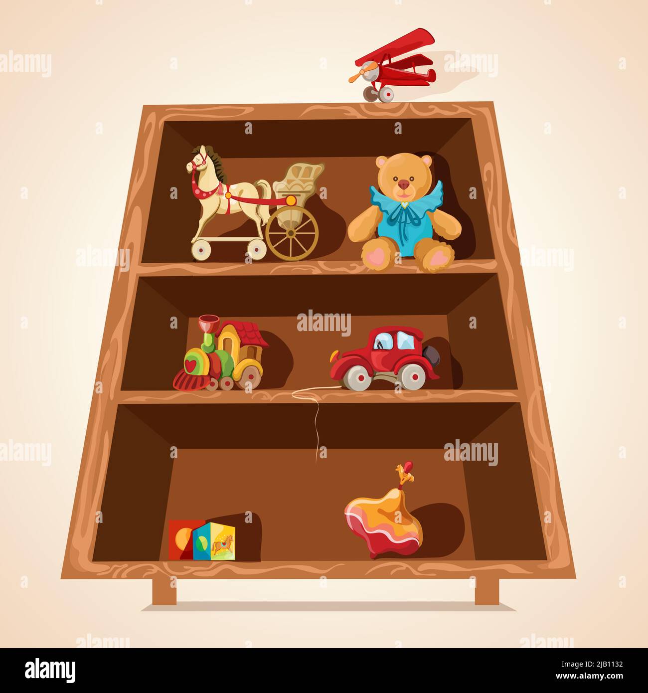 Vintage children toys collection with horse teddy bear airplane car on wooden shelves print vector illustration Stock Vector