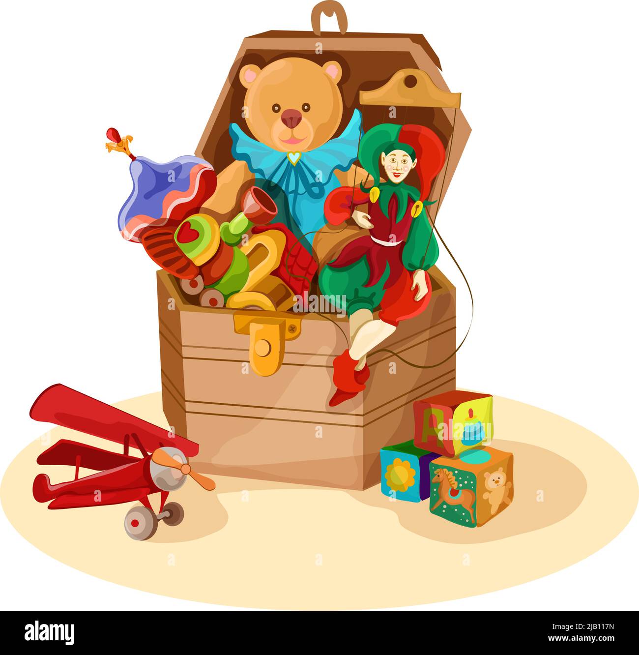 Wooden box or chest with retro toys of airplane blocks puppet teddy bear poster vector illustration Stock Vector