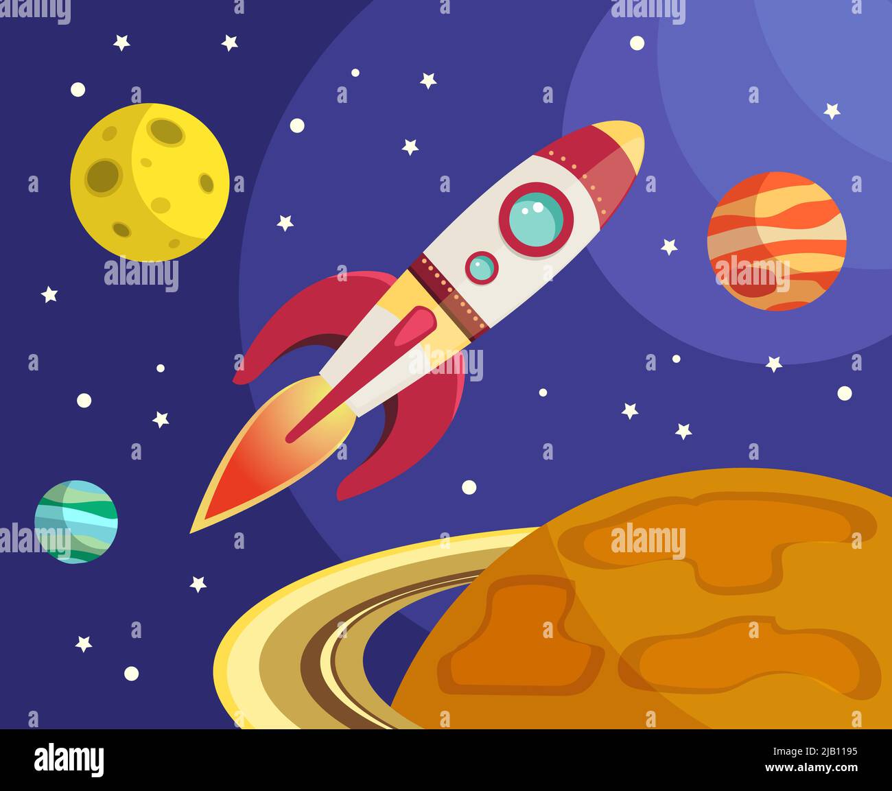 Space rocket ship flying in space with planets and stars on background ...