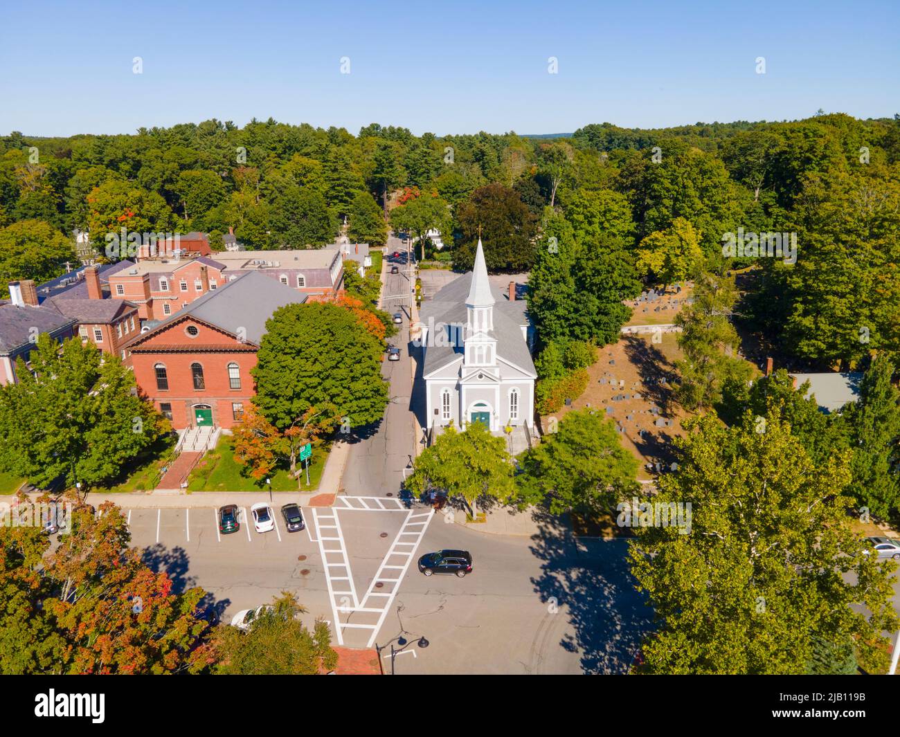 Concord Monument Square aerial view including Holy Family Parish Church