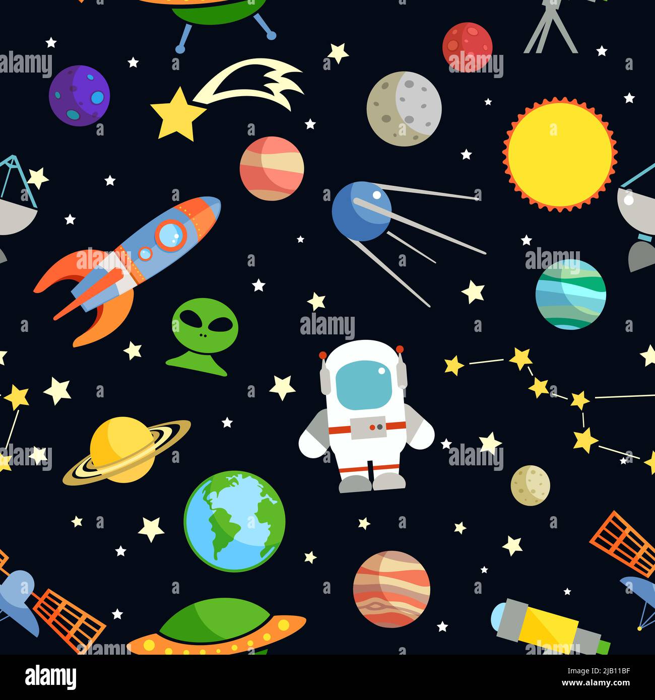 Space and astronomy decorative symbols seamless pattern vector illustration Stock Vector