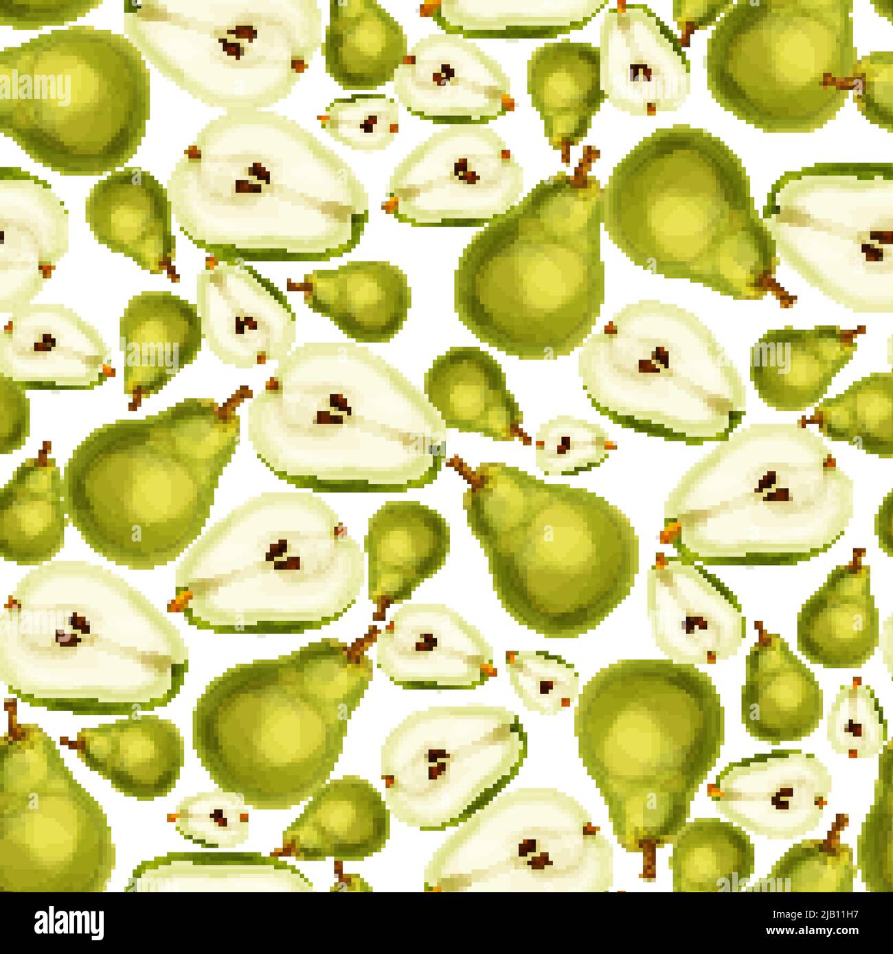 Seamless pear fruit sliced in half with seed and leaves pattern hand ...