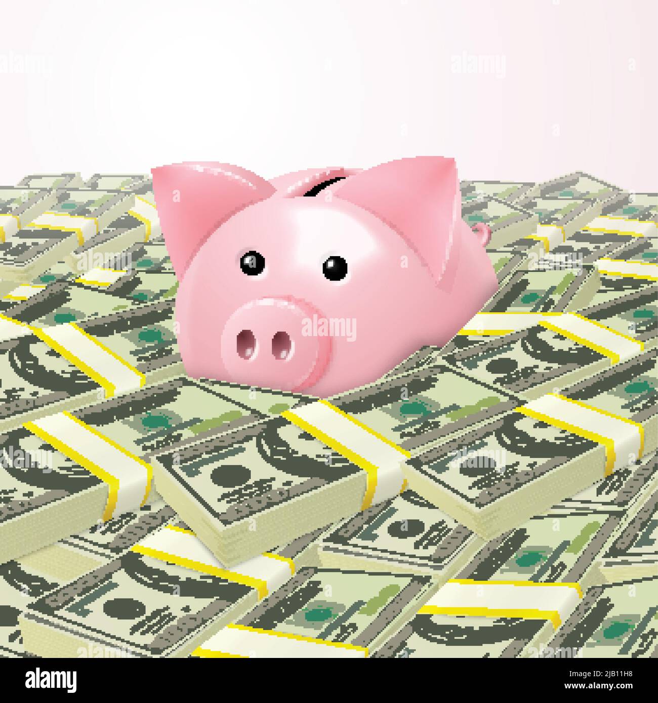 Pink cute piggy bank money safe box in heap of dollar stacks background ...