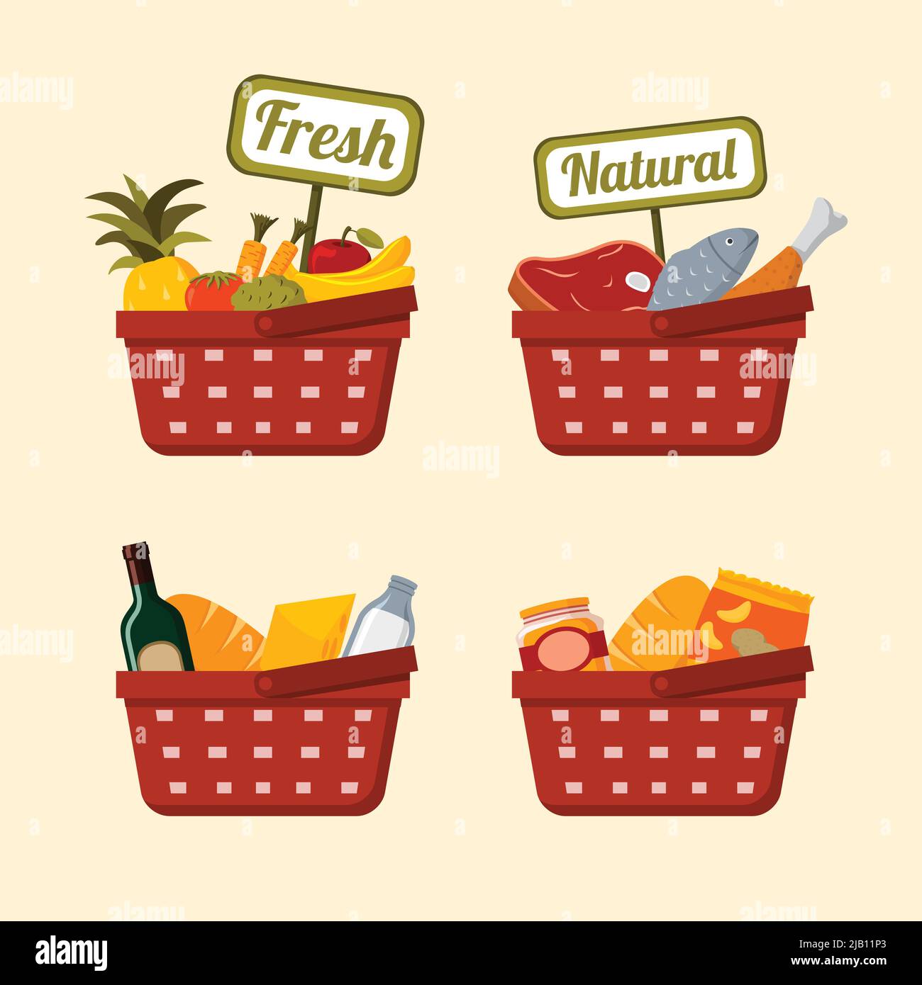 Shopping basket set with supermarket fresh and natural vegetables