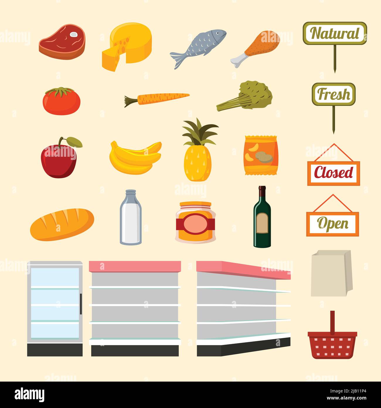 Collection of flat supermarket food items of fresh and natural