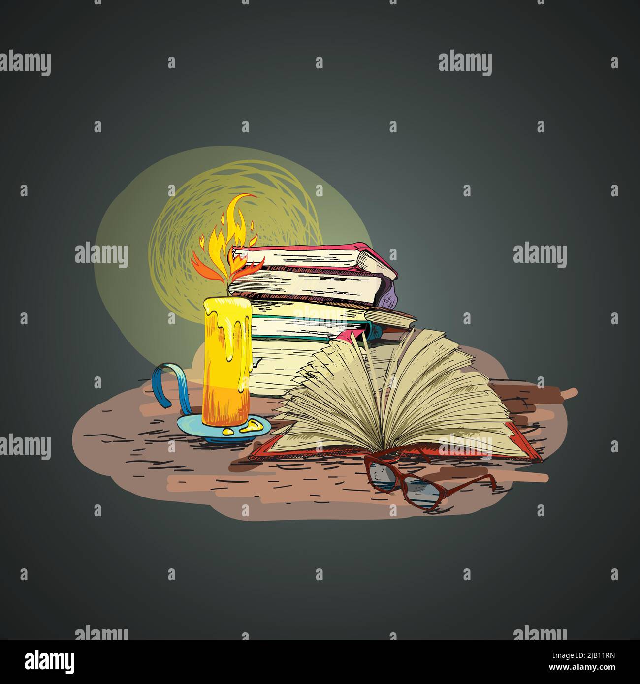 Vintage retro wax candle reading books and glasses doodle vector