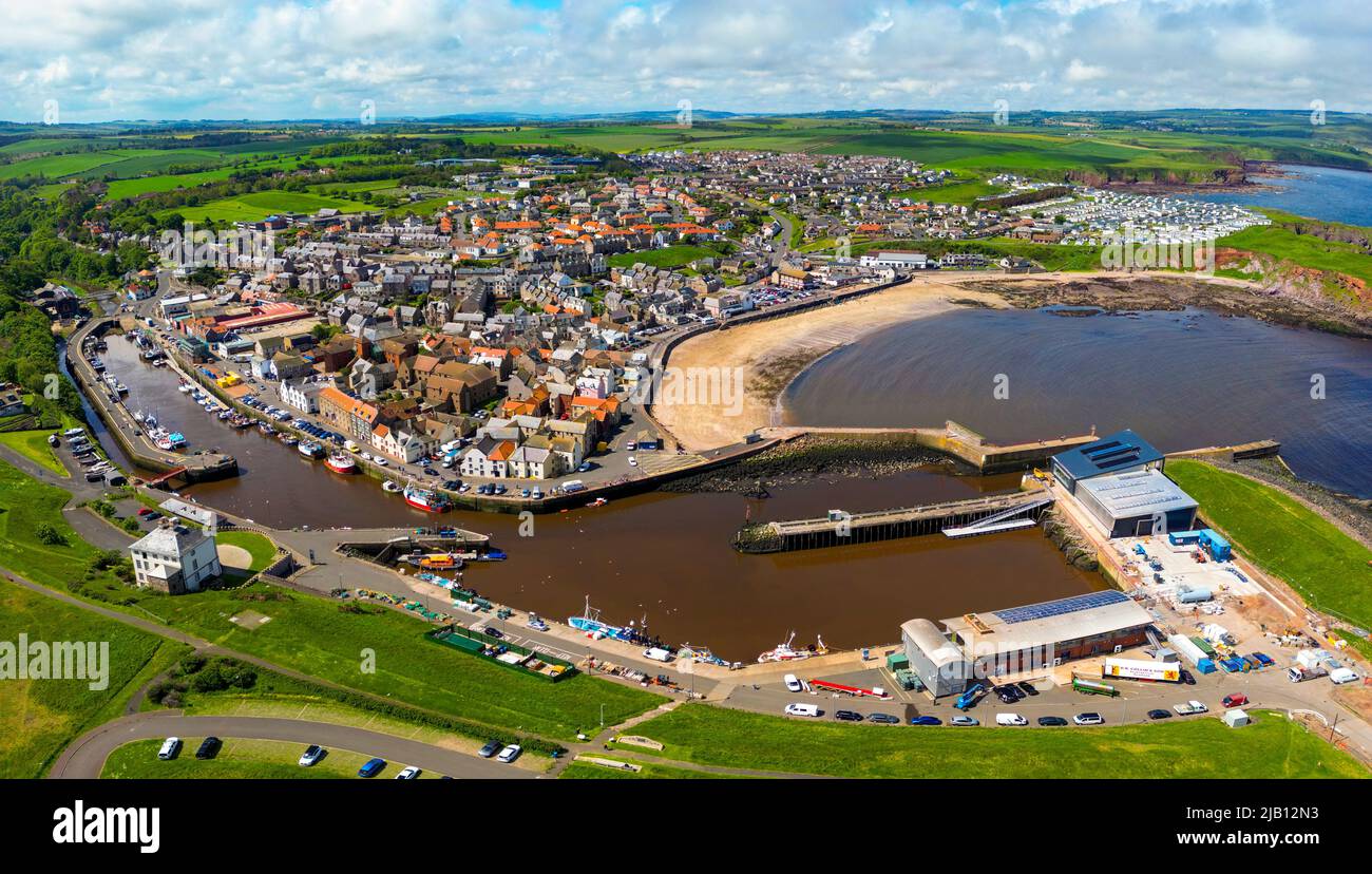 Aerial view from drone of town of Eyemouth in Berwickshire, Scottish Borders, Scotland, UK Stock Photo