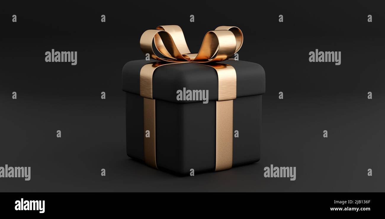 Realistic black gift box with golden ribbon bow on black background