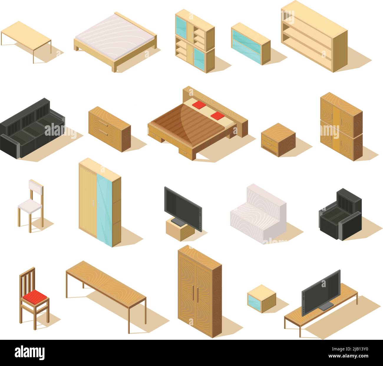 Furniture isometric set of isolated items with double beds sofas chairs ...