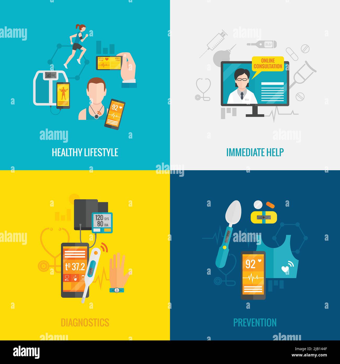 Digital health design concept set with healthy lifestyle immediate help