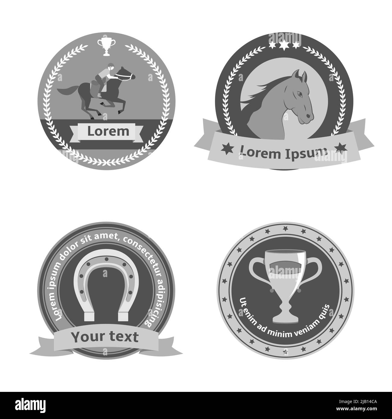 Horseback riding black badges and labels of horse rider equestrian