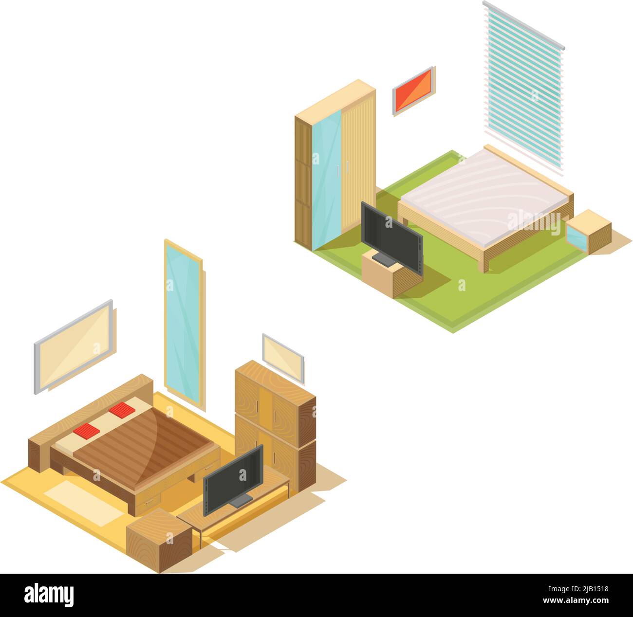 Furniture isometric set of two bedroom interiors with double bed tv set mirror and bedside table vector illustration Stock Vector