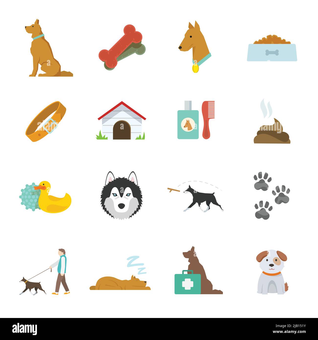 Dog icons flat set with dung kennel leash food bowl isolated vector illustration Stock Vector