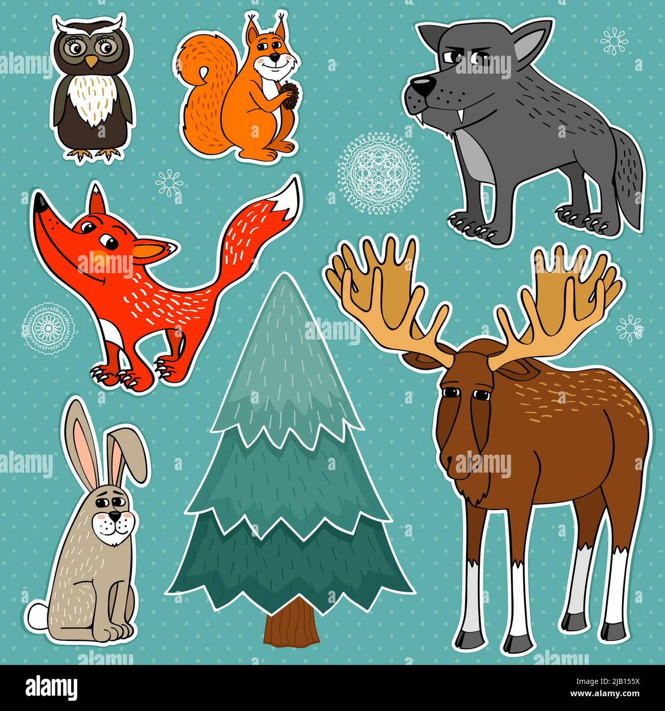 Winter forest cute animals set vector illustration Stock Vector Image