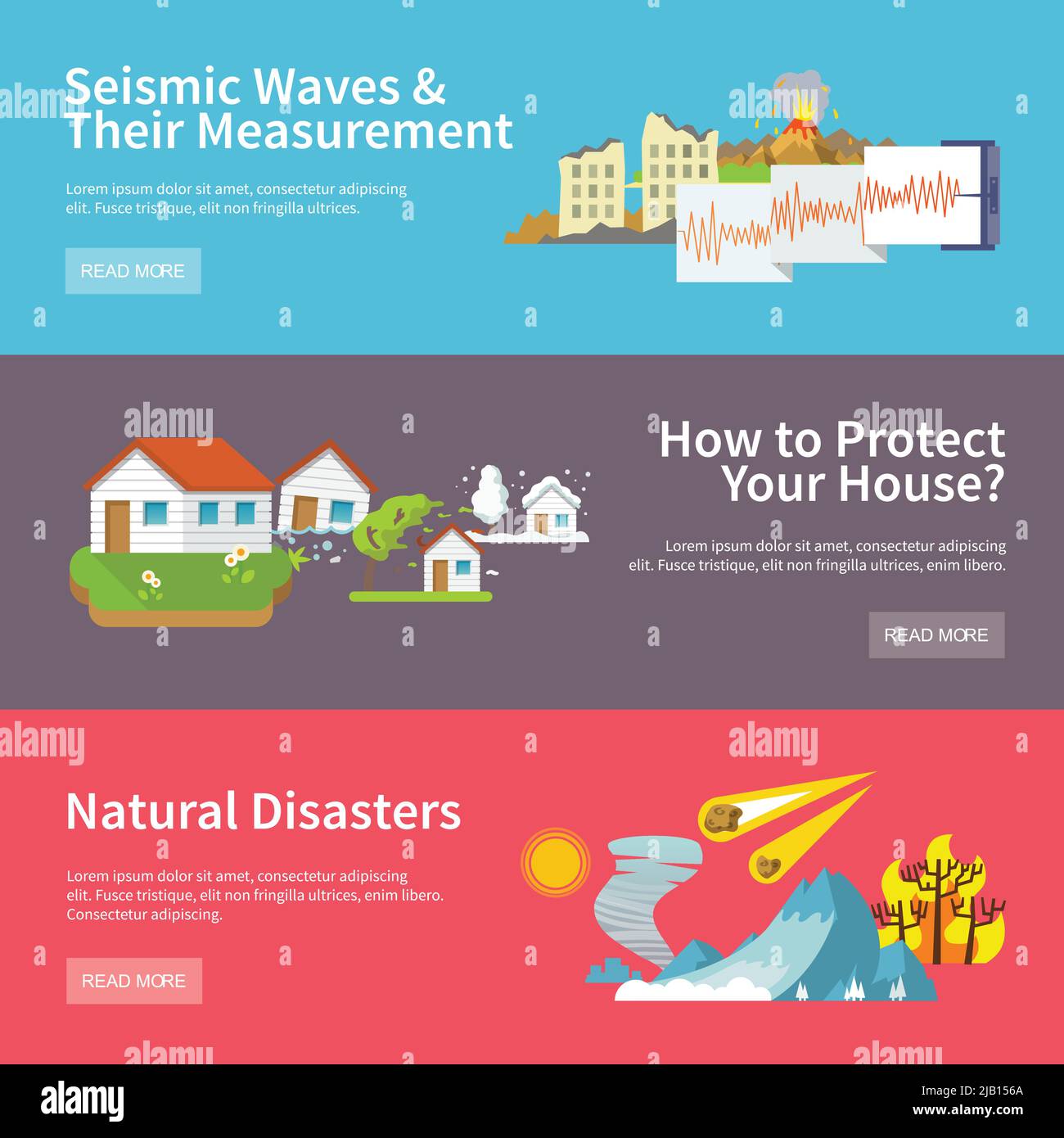 Natural disaster horizontal banners set with seismic waves measurement house protect elements isolated vector illustration Stock Vector
