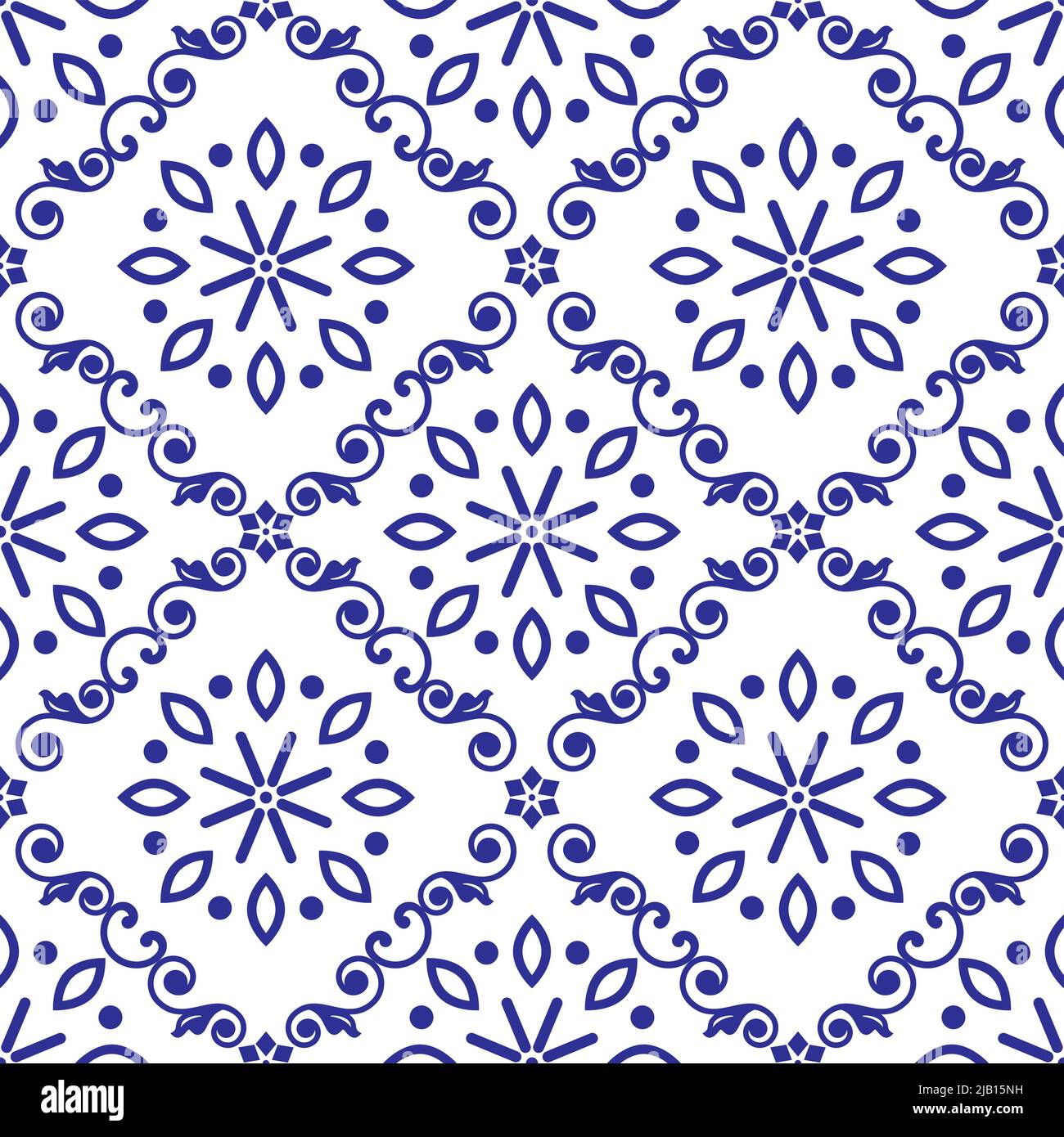 Lisbon style Azulejo tile seamless vector in indigo or navy blue with flowers and leaves, repetitive design inspired by art from Portugal Stock Vector