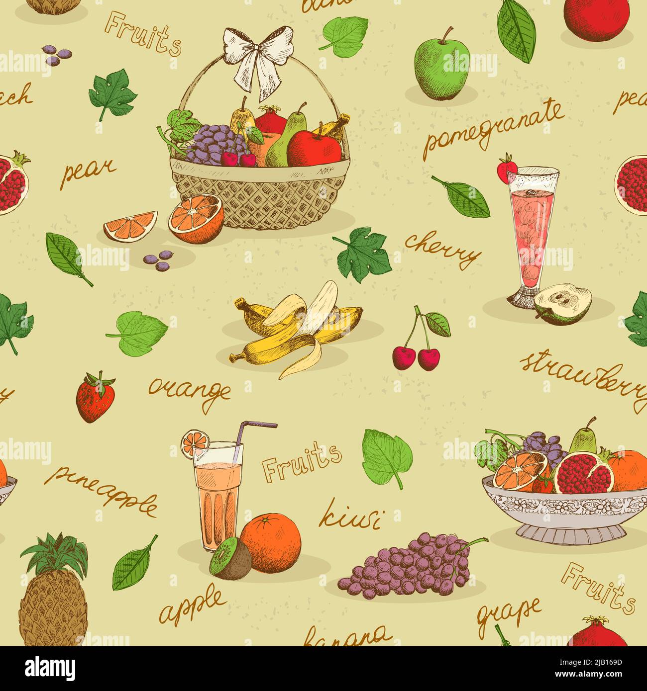 Fruits seamless pattern with names background vector illustration Stock Vector
