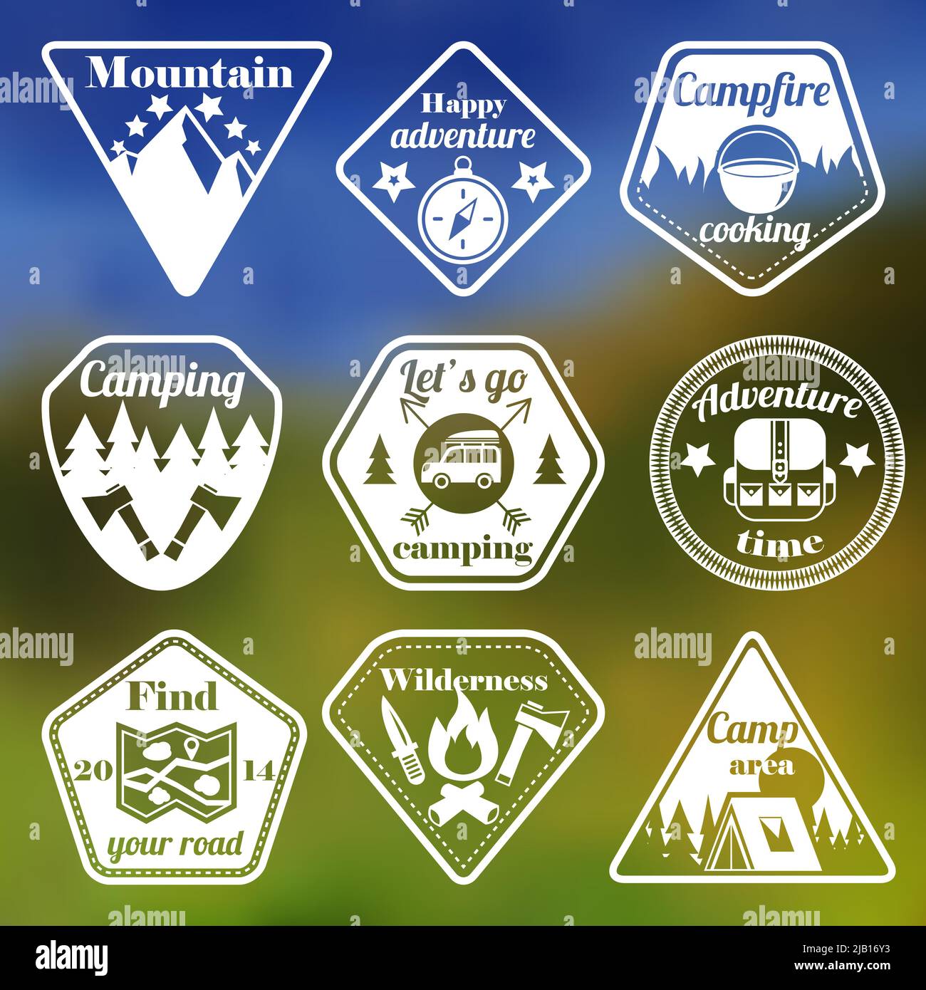 Outdoors tourism camping flat emblems set of mountain trees and nature ...