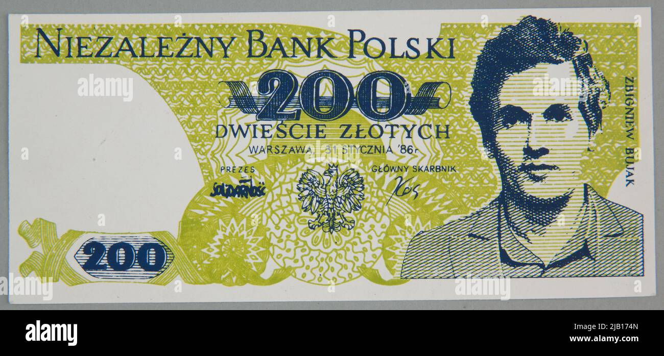 Ticket for PLN 200, Independent Bank of Poland, PRL, Warsaw 31.01.1986. Stock Photo