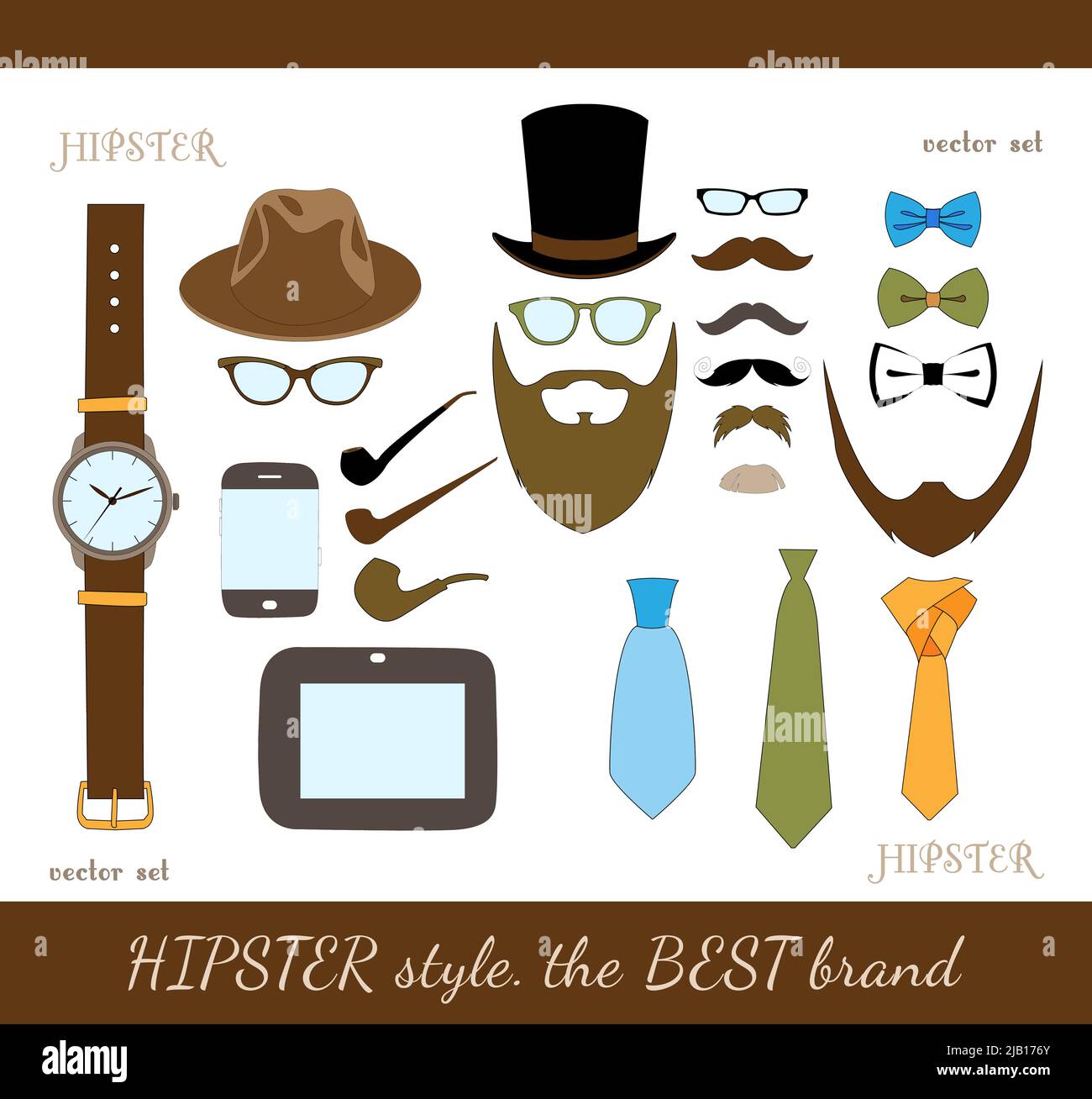 Hipster accessory icons set of hat glasses mustache beard bow and tie