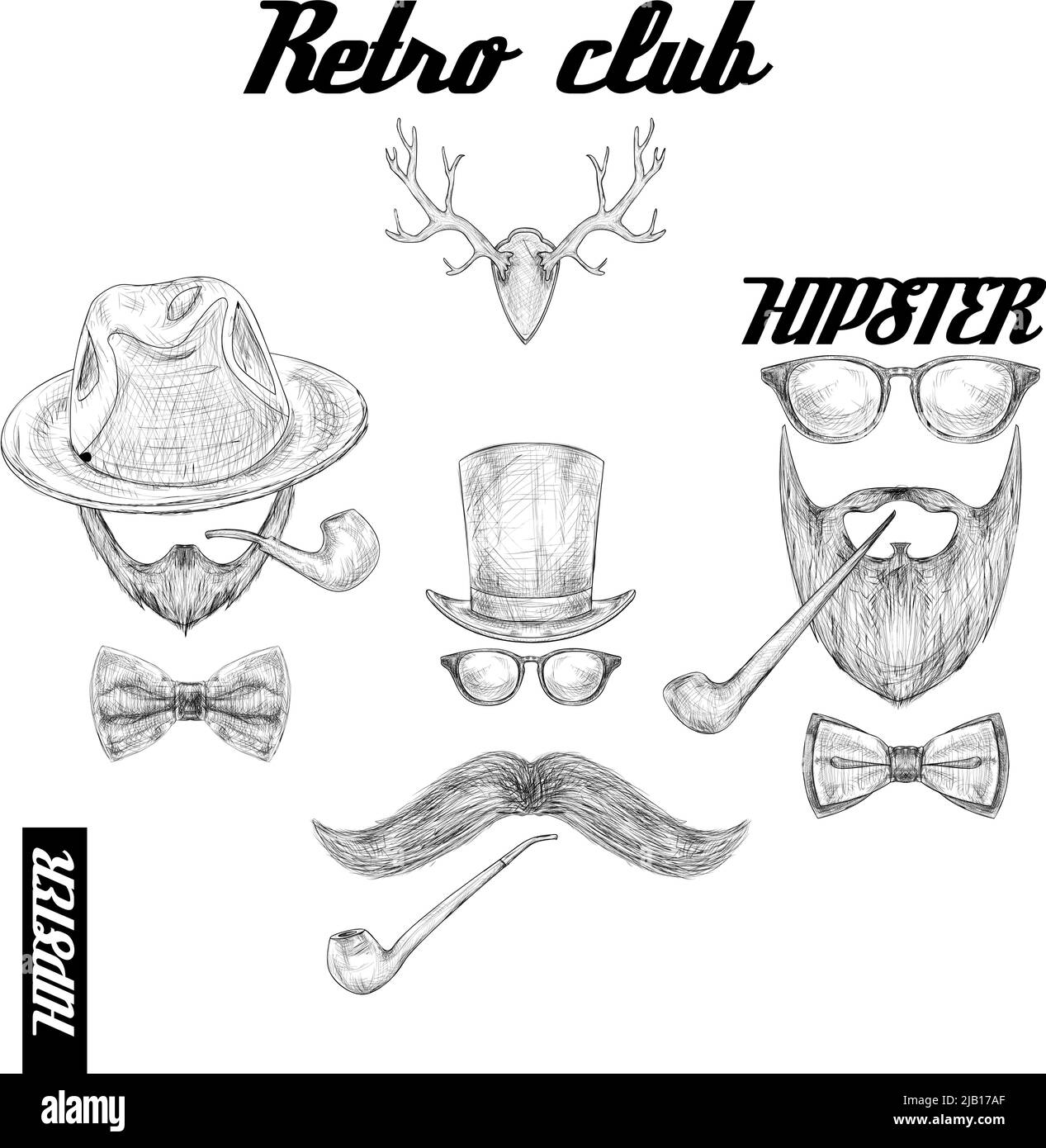 Retro hipster club accessories set for gentleman of glasses hat tobacco pipe bow mustache and beard isolated sketch vector illustration Stock Vector