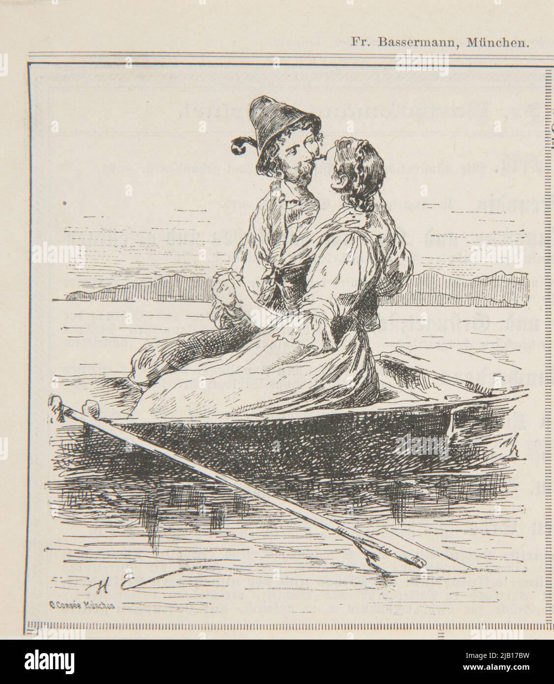 A couple in a boat according to Fr. Bassermann . A clip from a German magazine Bassermann, Fr. (N.N.), Consequent, Oscar (N.N.), Monogramista H.E. Stock Photo
