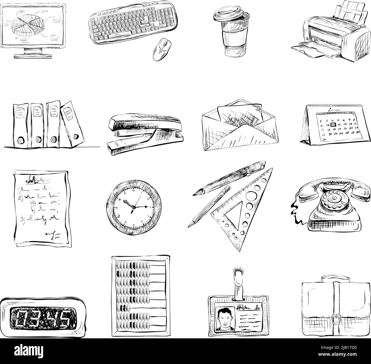 Business office stationery supplies icons set of computer keyboard printer and phone isolated sketch vector illustration Stock Vector