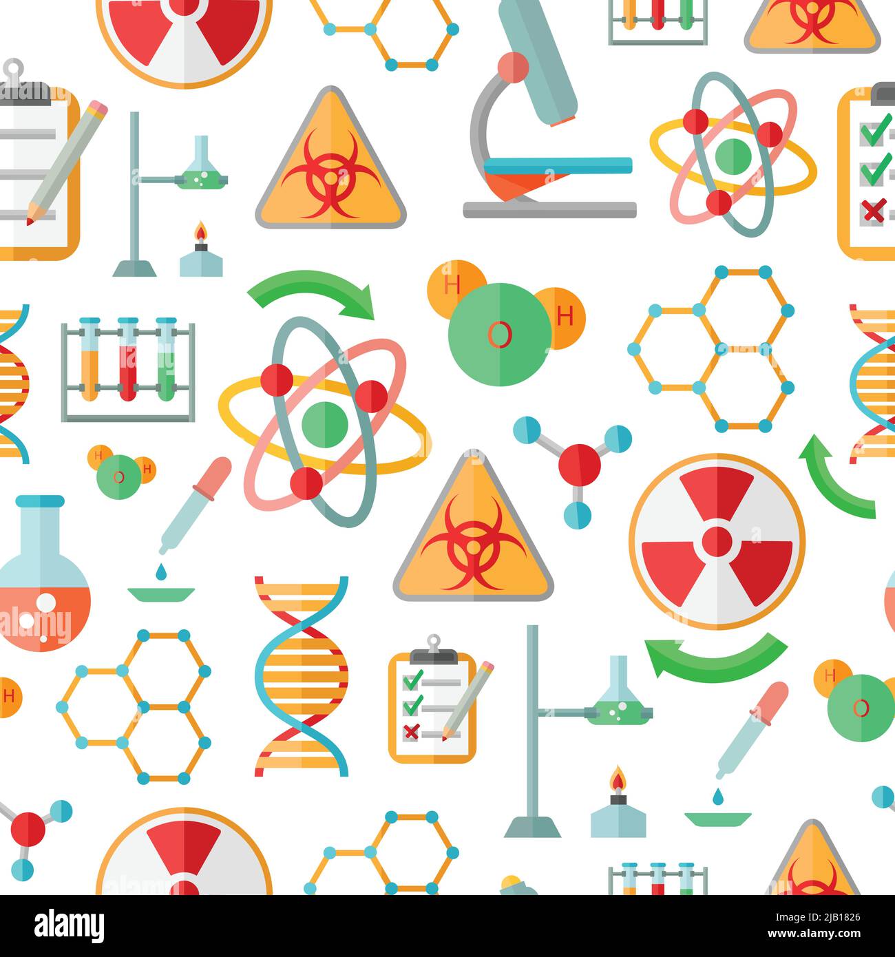 Decorative abstract chemistry  dna research symbols and microscope code formulas seamless background pattern design flat vector illustration Stock Vector