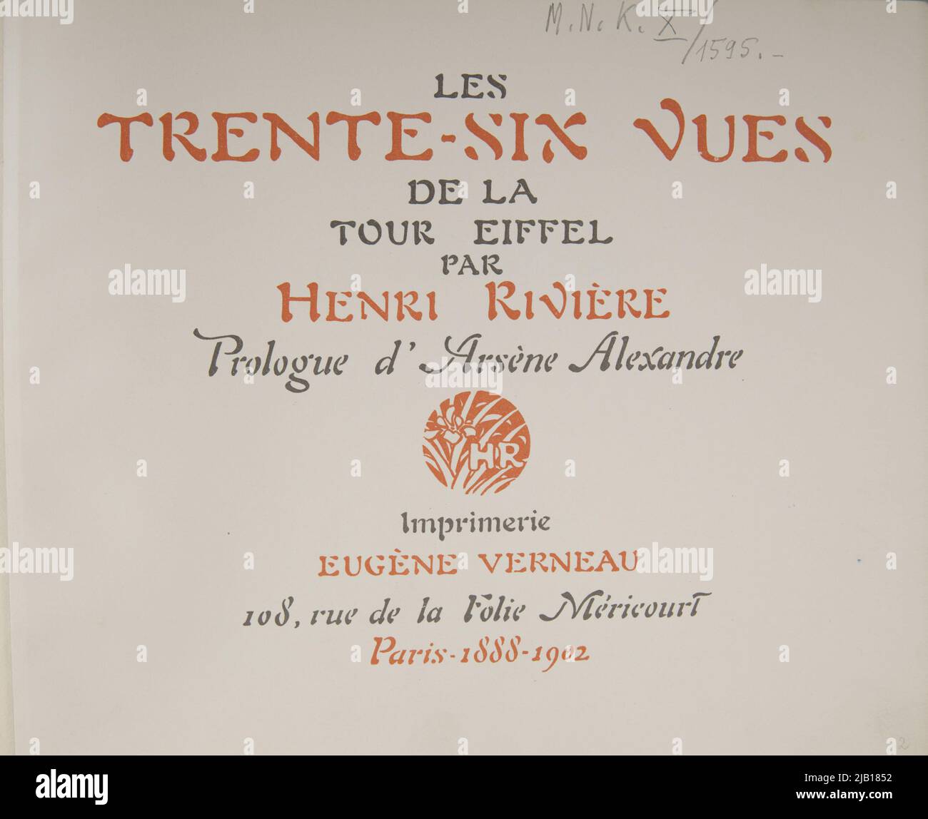 Karta 2 (Tytułowa) Albumu The Thirty Six Views of the Eiffel Tower by Henri Rivie're Prologue d'Arse'ne Alexandre Imprimerie Euge'ne Verneau 108, rue de la Folie Mericourt Paris 1888 1902 Paris: E. Verneau, 1902 AUROLOL, George (1863 1938) Stock Photo