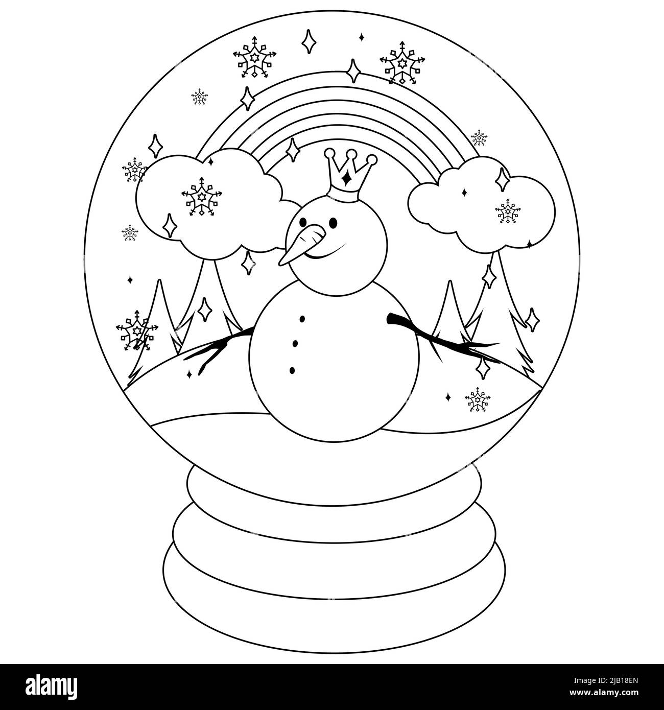A snowman inside a snow globe. Black and white coloring page Stock Photo