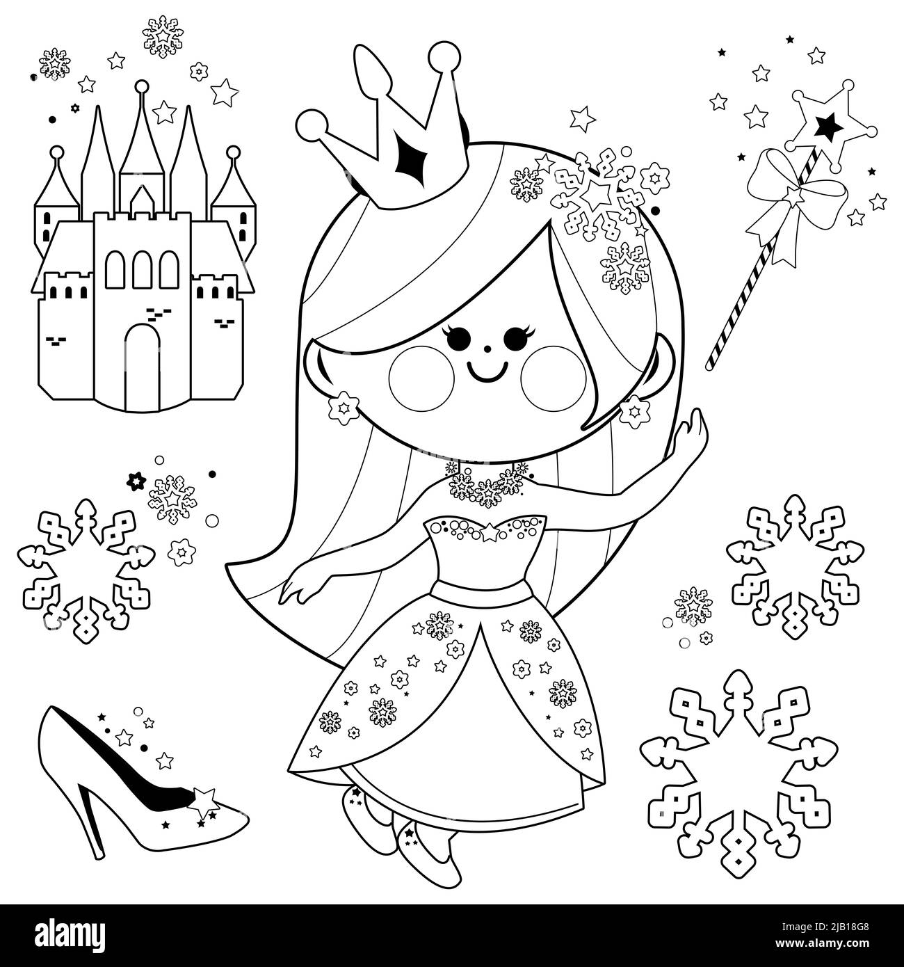 Beautiful snow princess and a castle. Black and white coloring page Stock Photo