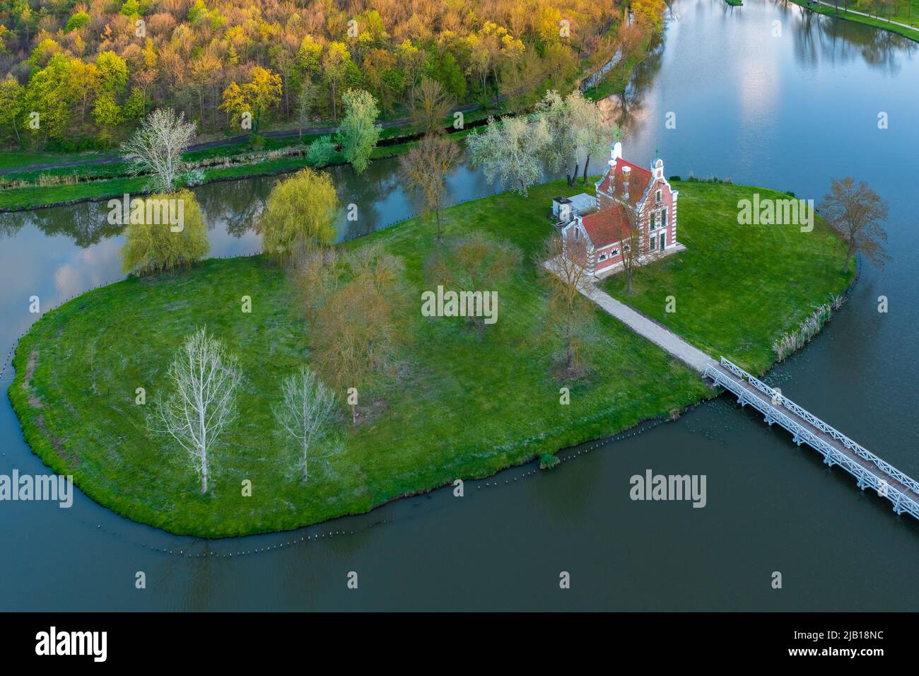 Aerial view about the Dutch House in the park of Festetics Palace at Dég, Hungary. Stock Photo