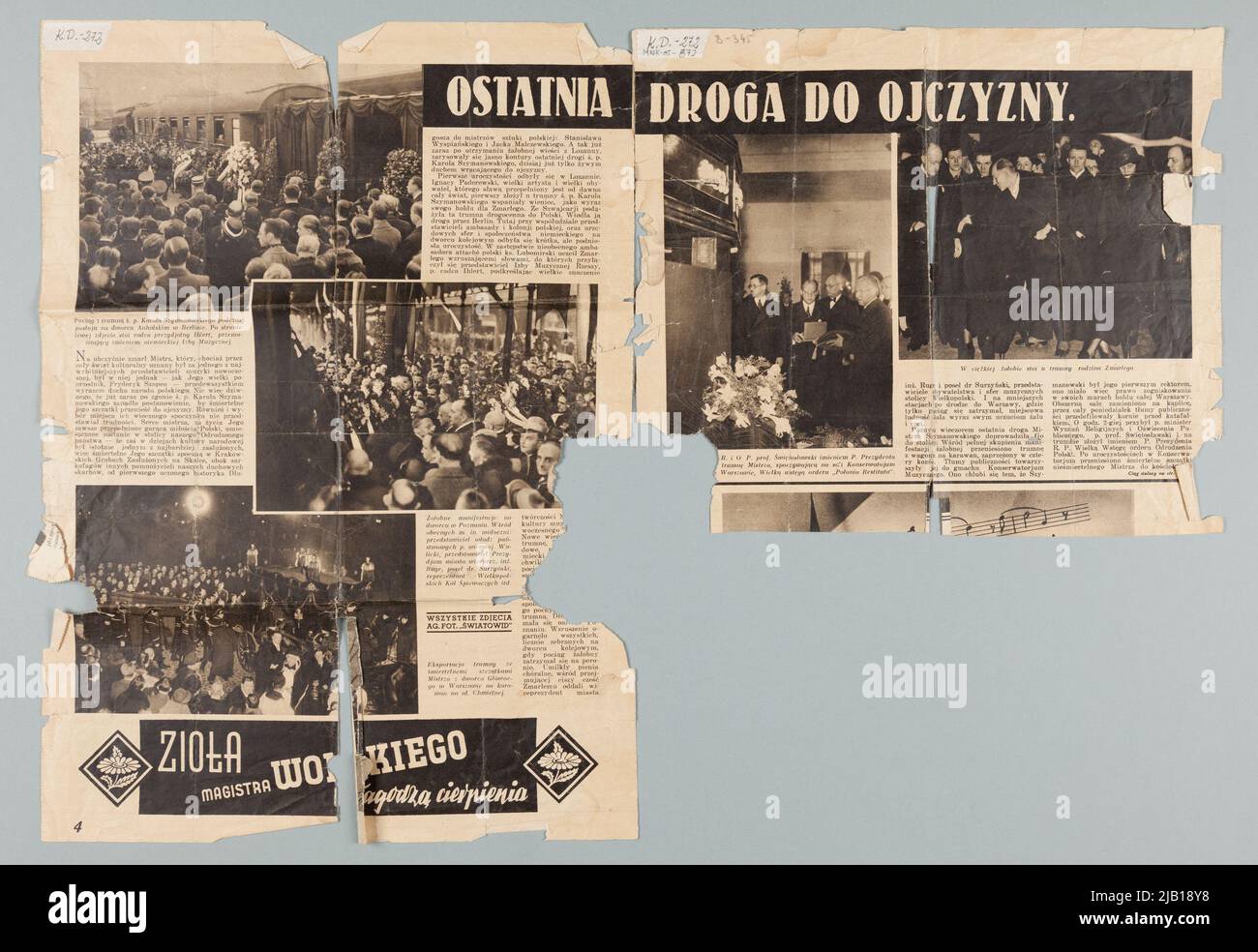 Press felling of 10.04.1937 regarding the transfer of the corpse of Karol Szymanowski entitled Last way to the homeland from the Światowid publishing house (team) Stock Photo