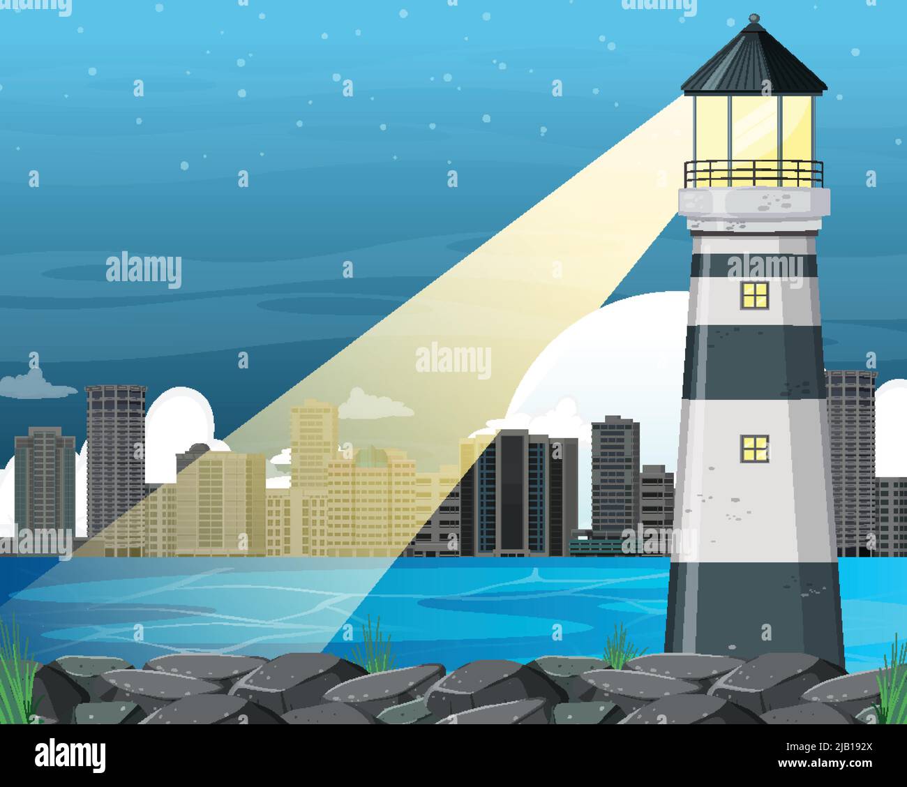 Lighthouse on the coast at night illustration Stock Vector Image & Art ...