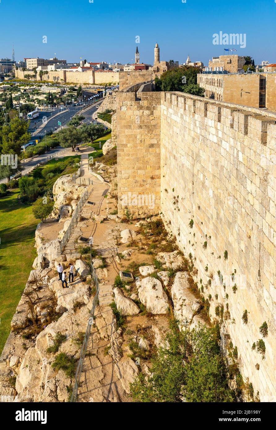 Jerusalem, Israel - October 12, 2017: Walls of Tower Of David citadel and Old City over Jaffa Gate and Hativat Yerushalayim street with Mamilla quarte Stock Photo