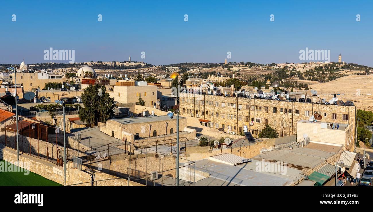Jerusalem, Israel - October 12, 2017: Panorama of Mount of Olives with Temple Mount and Al Aqsa mosque over Jewish quarter in Jerusalem Old City Stock Photo
