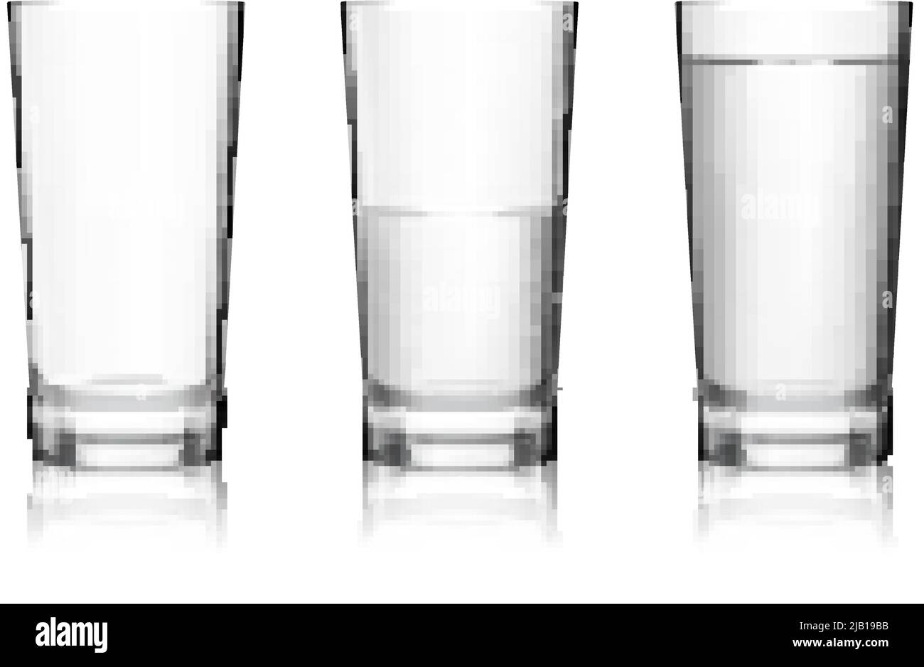 Realistic full halffull and empty glass with mineral water isolated on