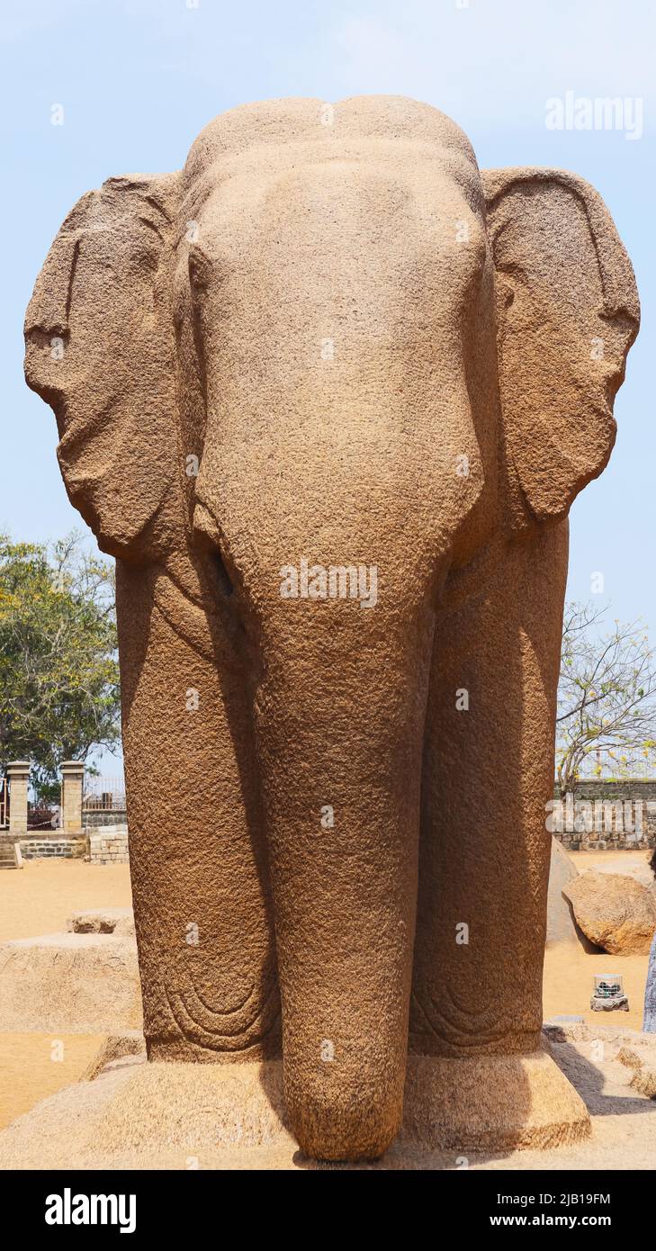 Large freestanding elephant sculpture at Five Rathas, Mahabalipuram, Tamilnadu, India Stock Photo