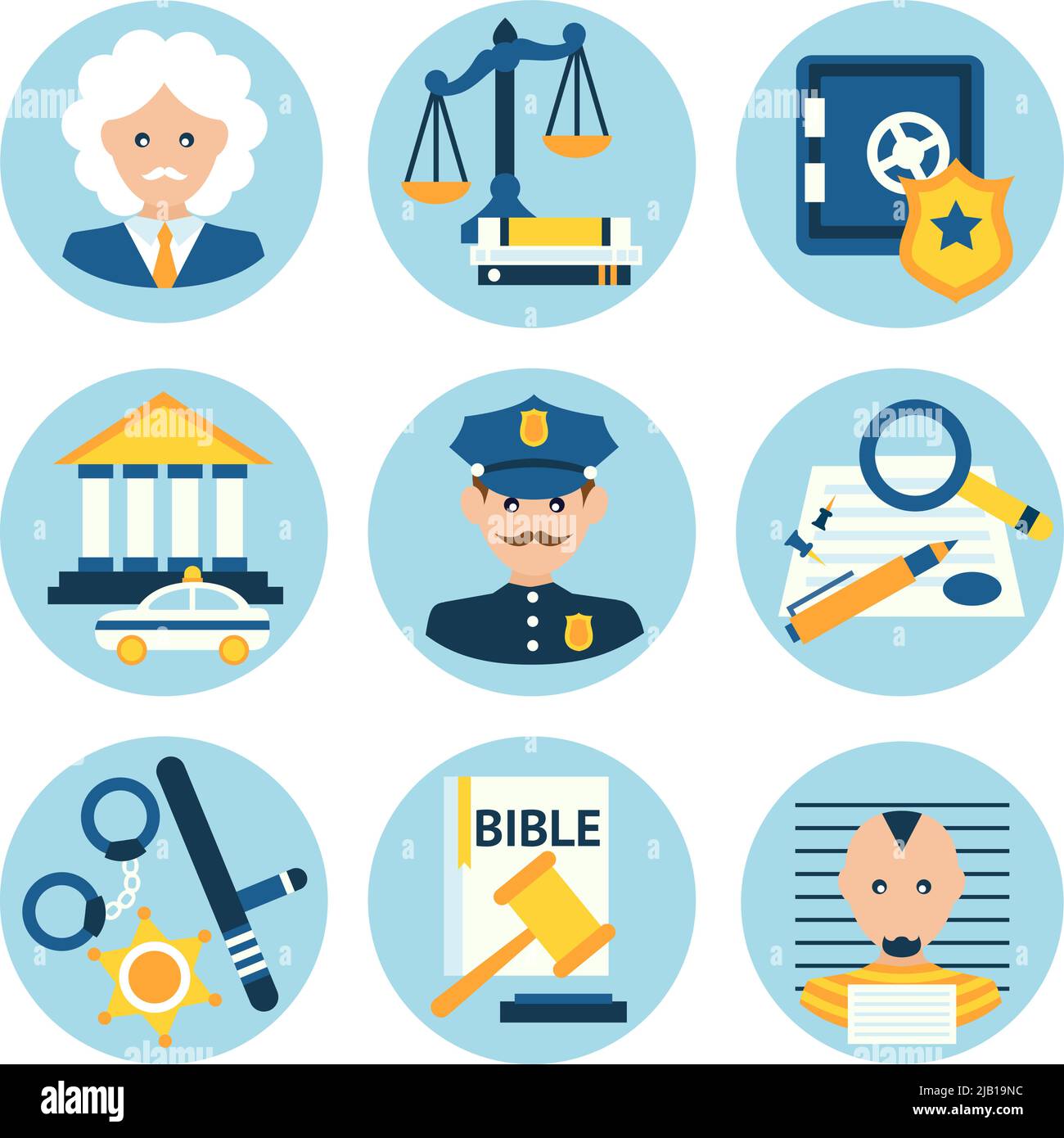 Law legal justice judge police and legislation icons set isolated vector illustration Stock Vector