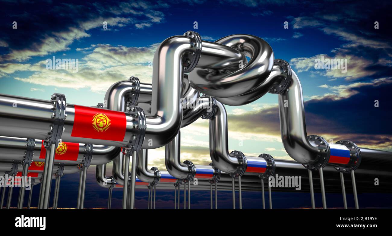 Oil or gas pipeline, flags of Kyrgyzstan and Russia - 3D illustration Stock Photo