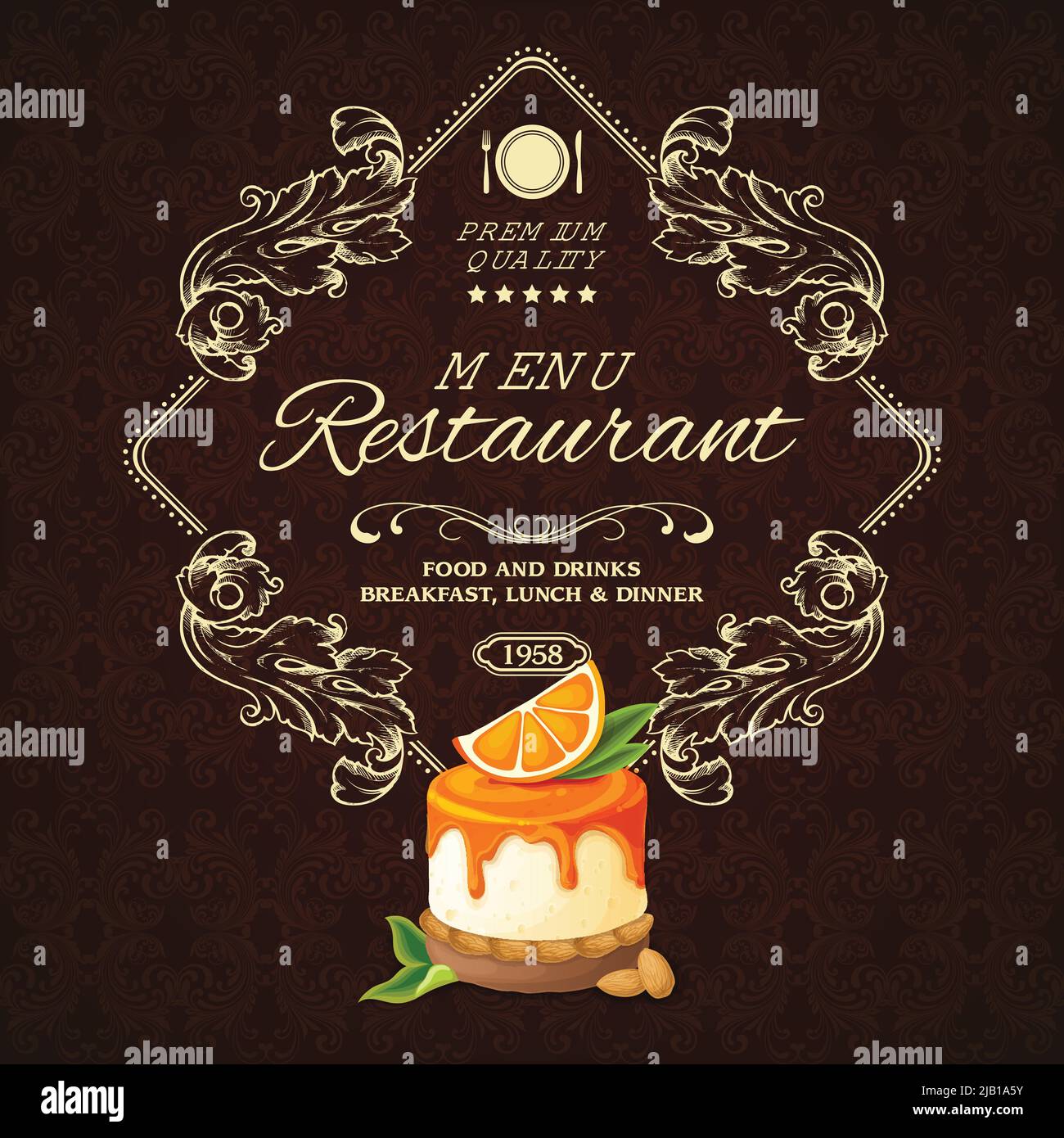 Decorative sweets dessert restaurant menu with orange syrup cake vector