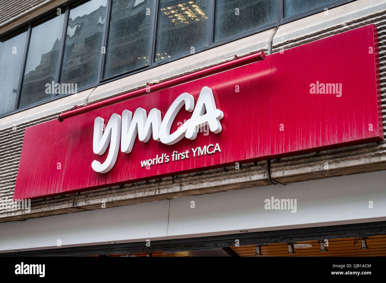 London, UK- May 3, 2022: The sign for the world's first YMCA located in London Stock Photo