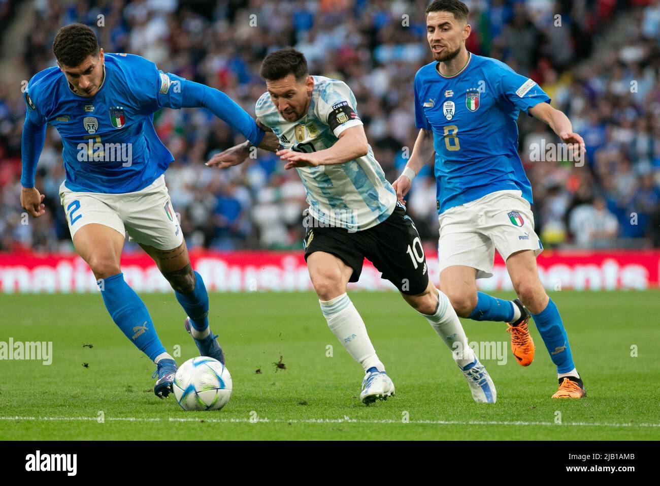 Lionel Messi (c) of Argentina in action during the Italy v Argentina